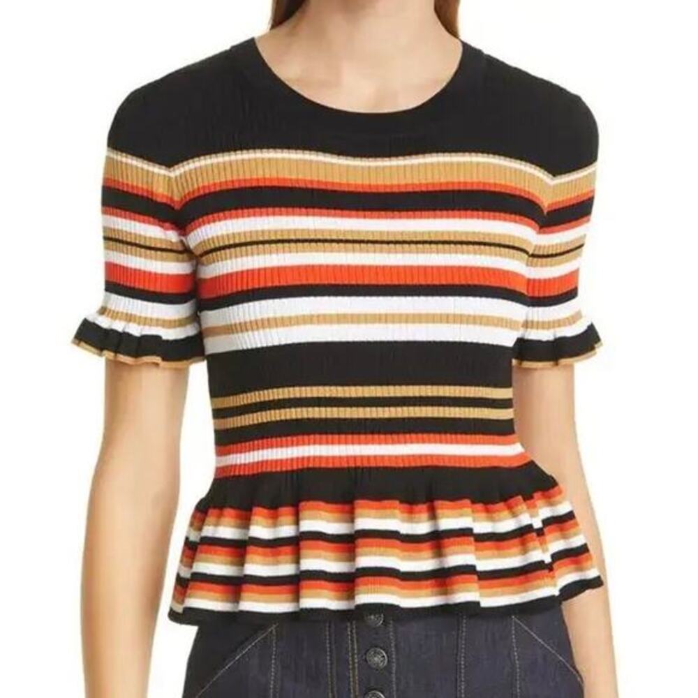 Cinq a Sept Milly Stripe Ribbed Peplum Ruffle Short-Sleeve Sweater Top Size S